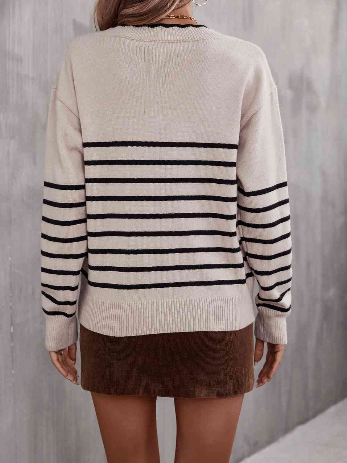 Striped V-Neck Drop Shoulder Sweater - Deals DejaVu
