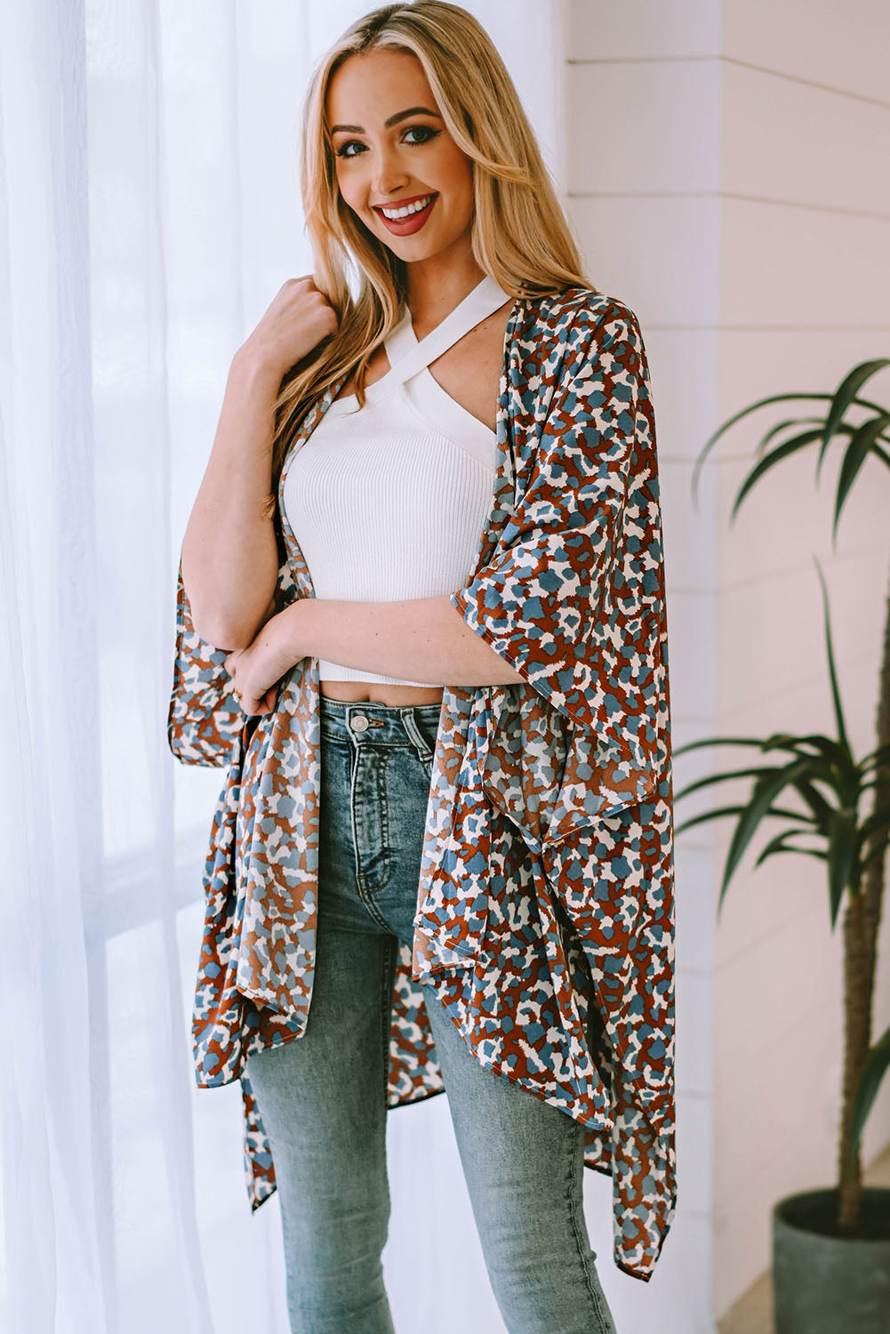 Printed Open Front Three-Quarter Sleeve Cover Up (TB11D) T