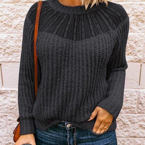Round Neck Rib-Knit Sweater - Deals DejaVu