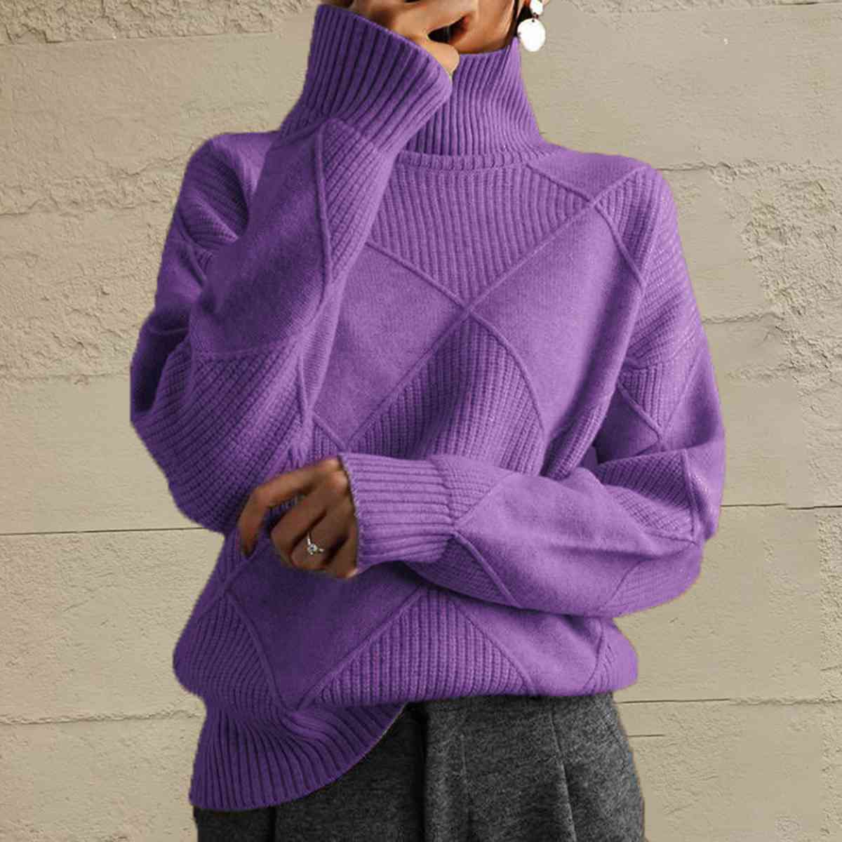 Geometric Turtleneck Long Sleeve Sweater - Deals DejaVu