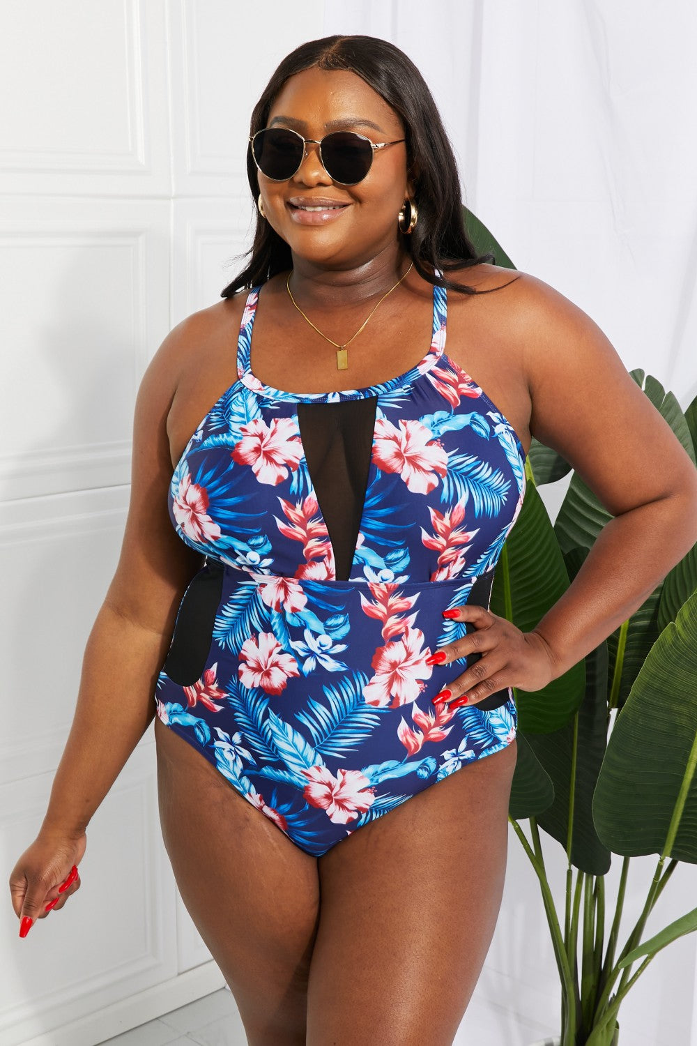 Floral Crisscross Spliced Mesh One-Piece Swimsuit (TB10D) T - Deals DejaVu