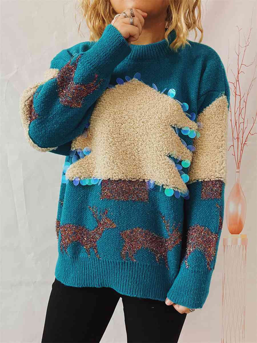 Sequin Christmas Tree & Reindeer Round Neck Sweater - Deals DejaVu