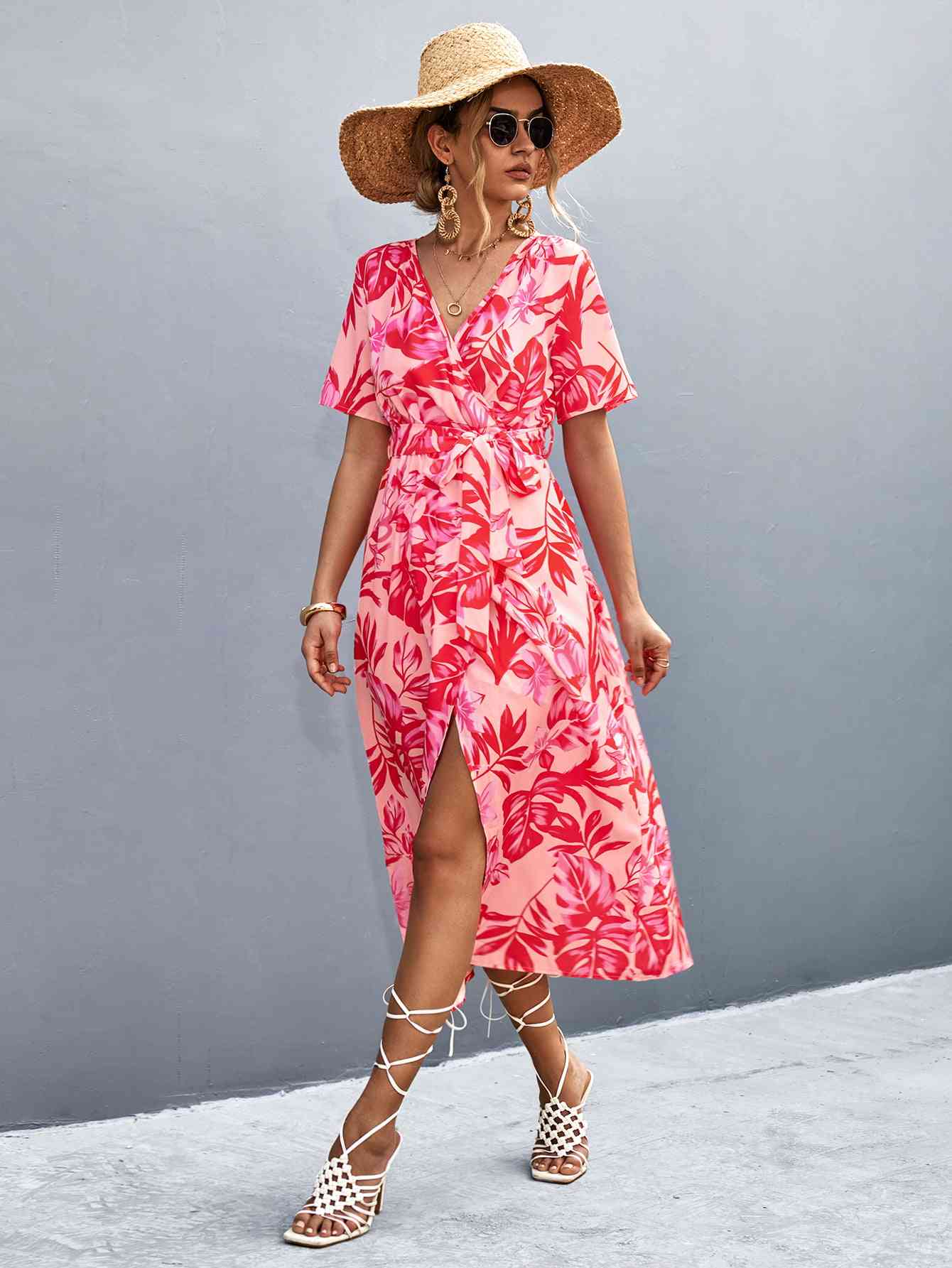 Floral Print High Slit Surplice Neck Tie Waist Midi Dress (MWBT) T - Deals DejaVu