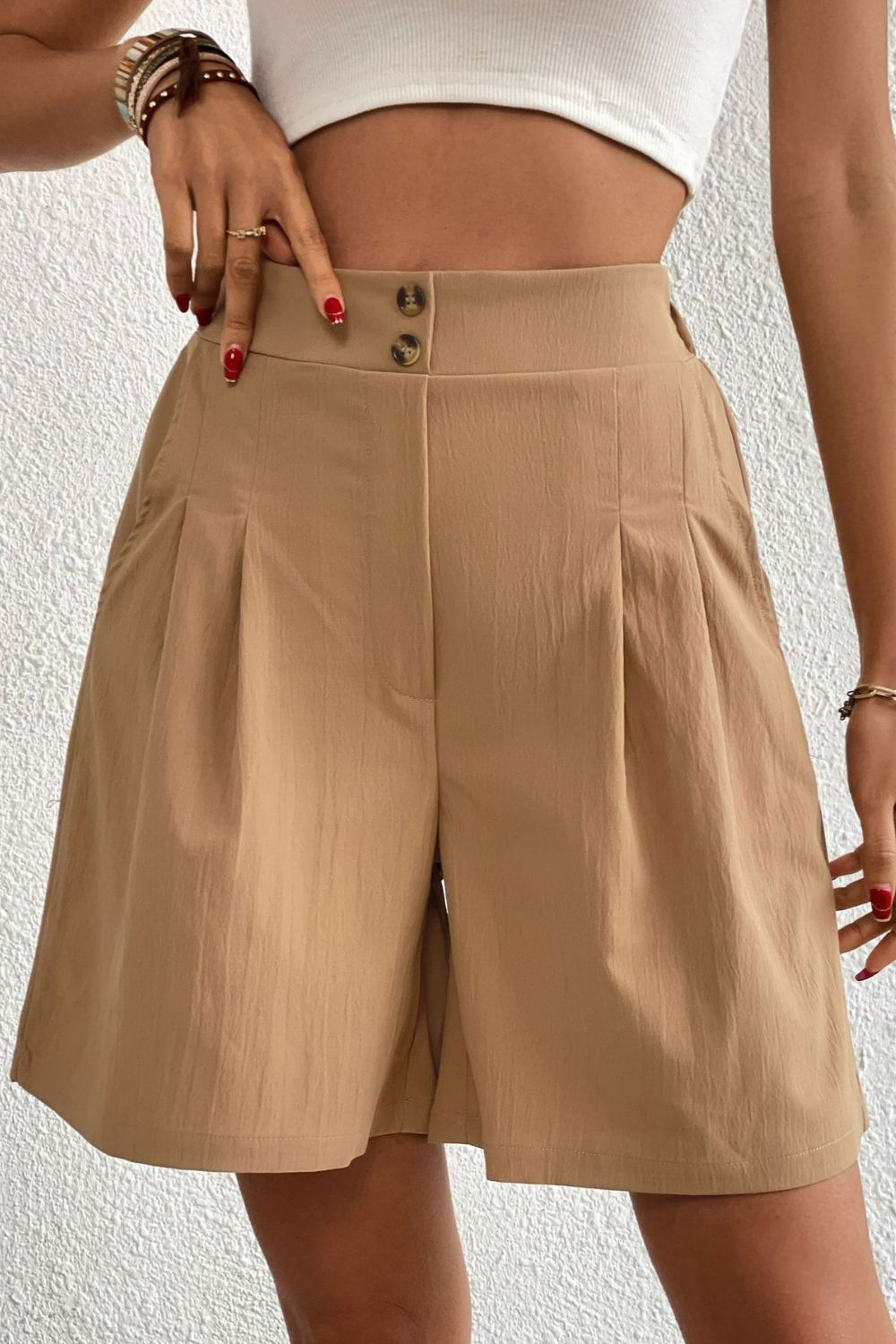 Buttoned Elastic Waist Pleated Detail Shorts (TBL2) T