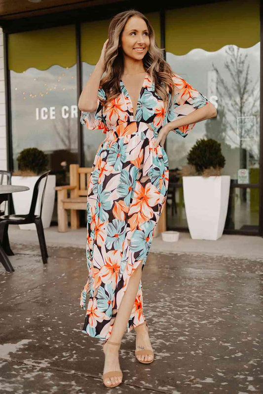 Floral Slit Plunge Short Sleeve Dress (BWMT) T - Deals DejaVu