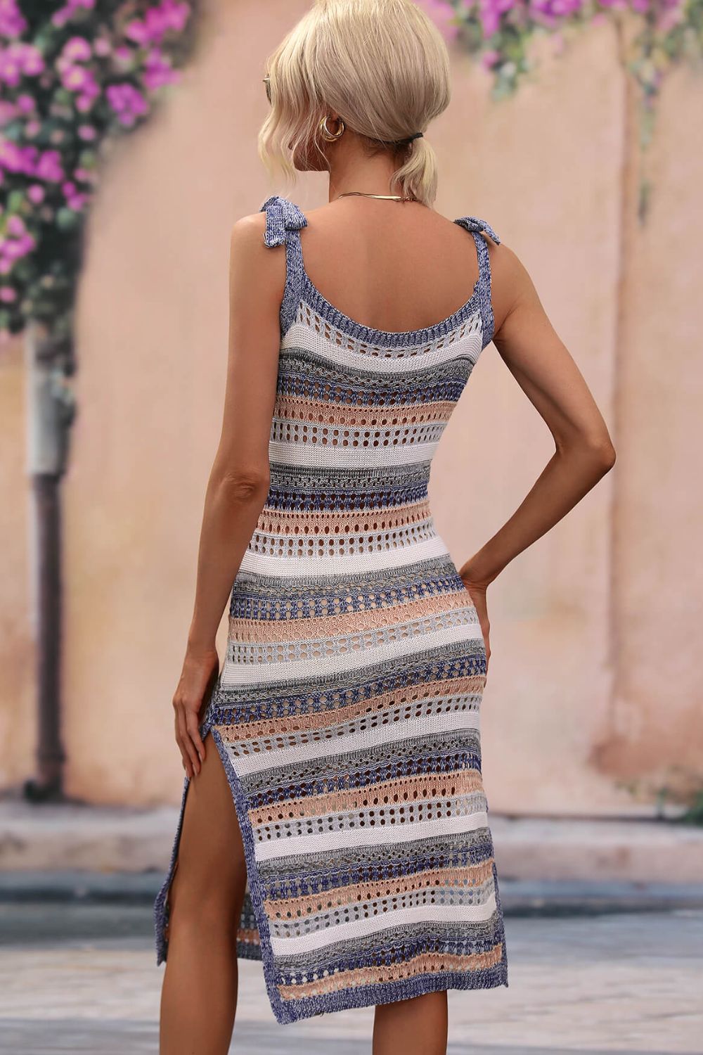 Striped Tie Shoulder Split Cover Up Dress (TB11D) T - Deals DejaVu