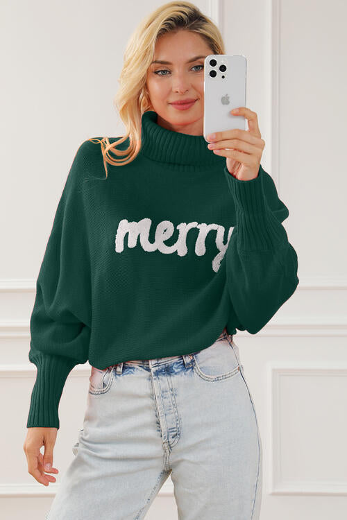 Merry Letter Embroidered High Neck Sweater - Deals DejaVu