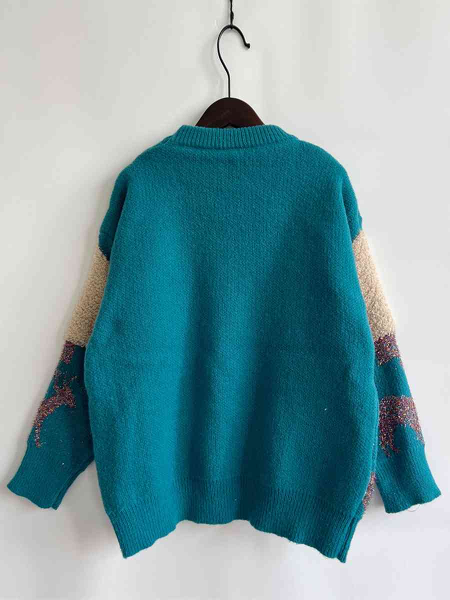 Sequin Christmas Tree & Reindeer Round Neck Sweater - Deals DejaVu