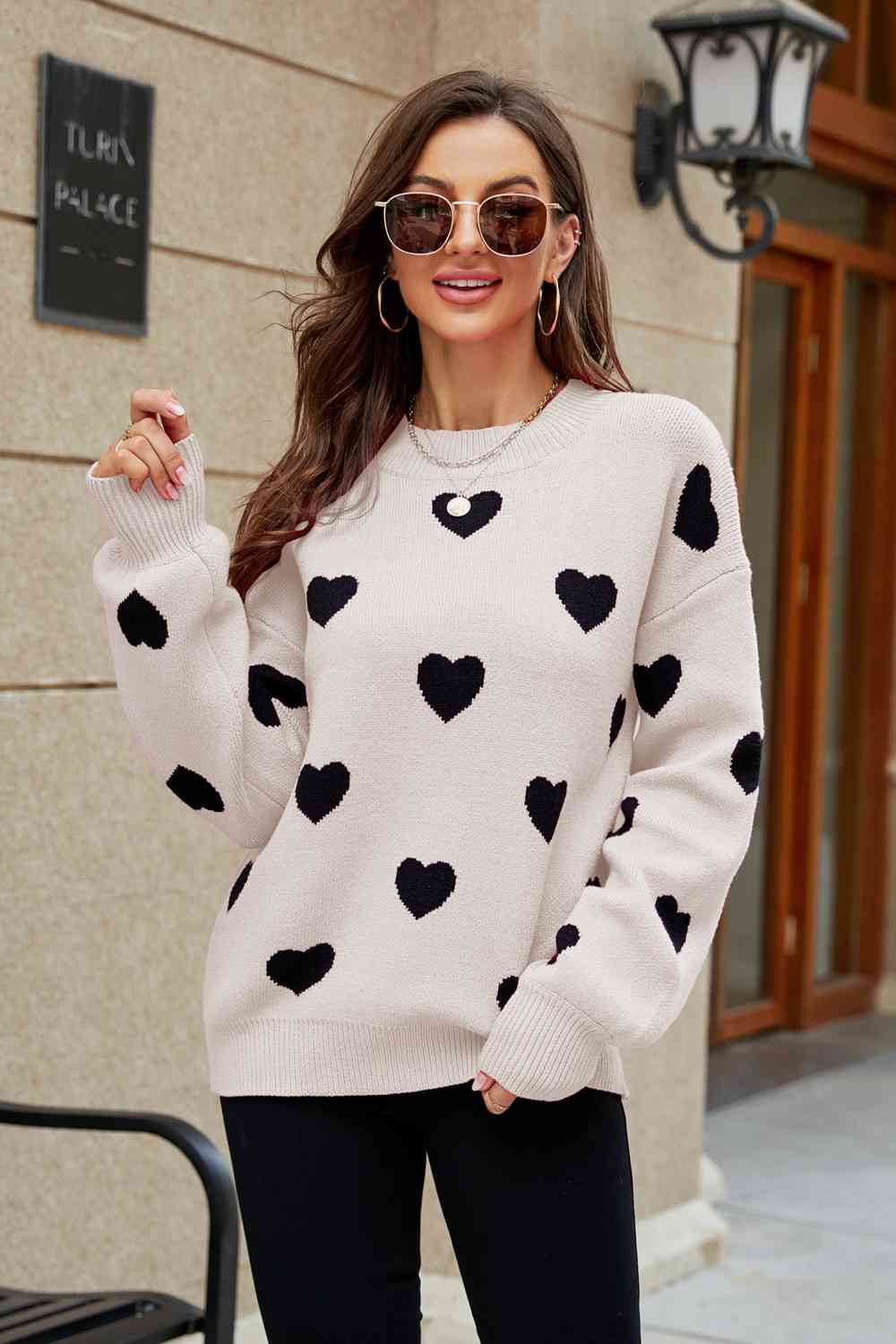 Woven Right Heart Pattern Lantern Sleeve Round Neck Tunic Sweater - Deals DejaVu