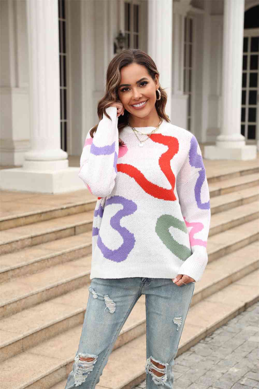 Printed Round Neck Dropped Shoulder Pullover Sweater - Deals DejaVu