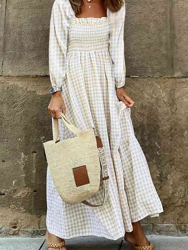 Smocked Square Neck Long Sleeve Dress (MWBT) T - Deals DejaVu