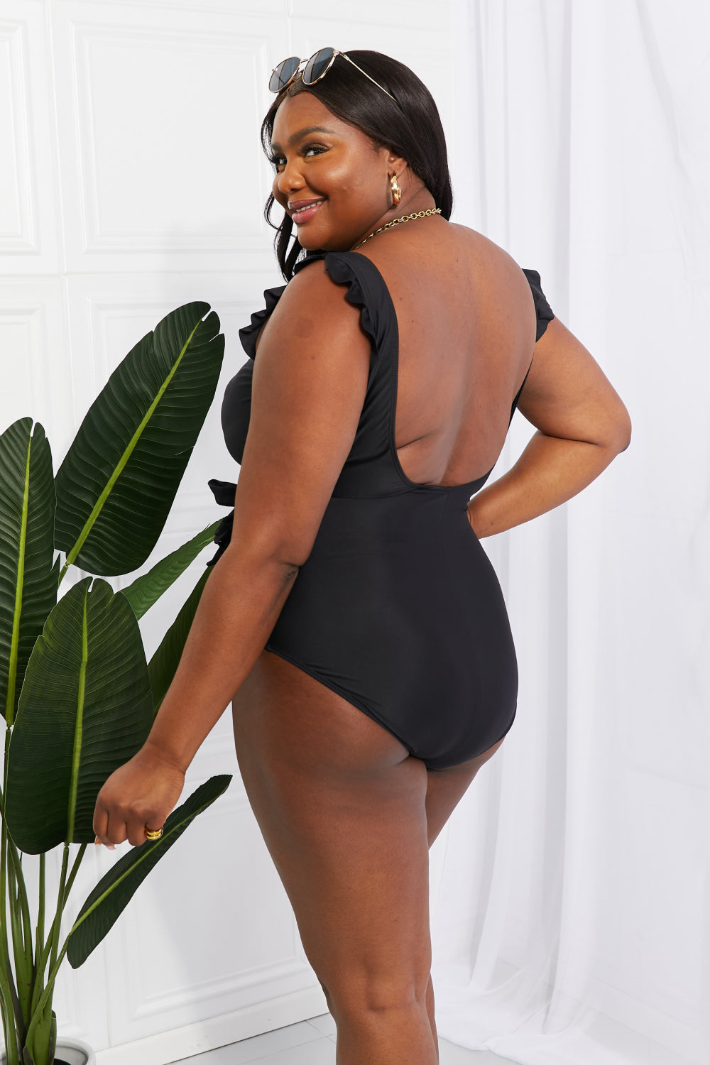 Marina West Swim Full Size Float On Ruffle Faux Wrap One-Piece in Black (TB10D) T