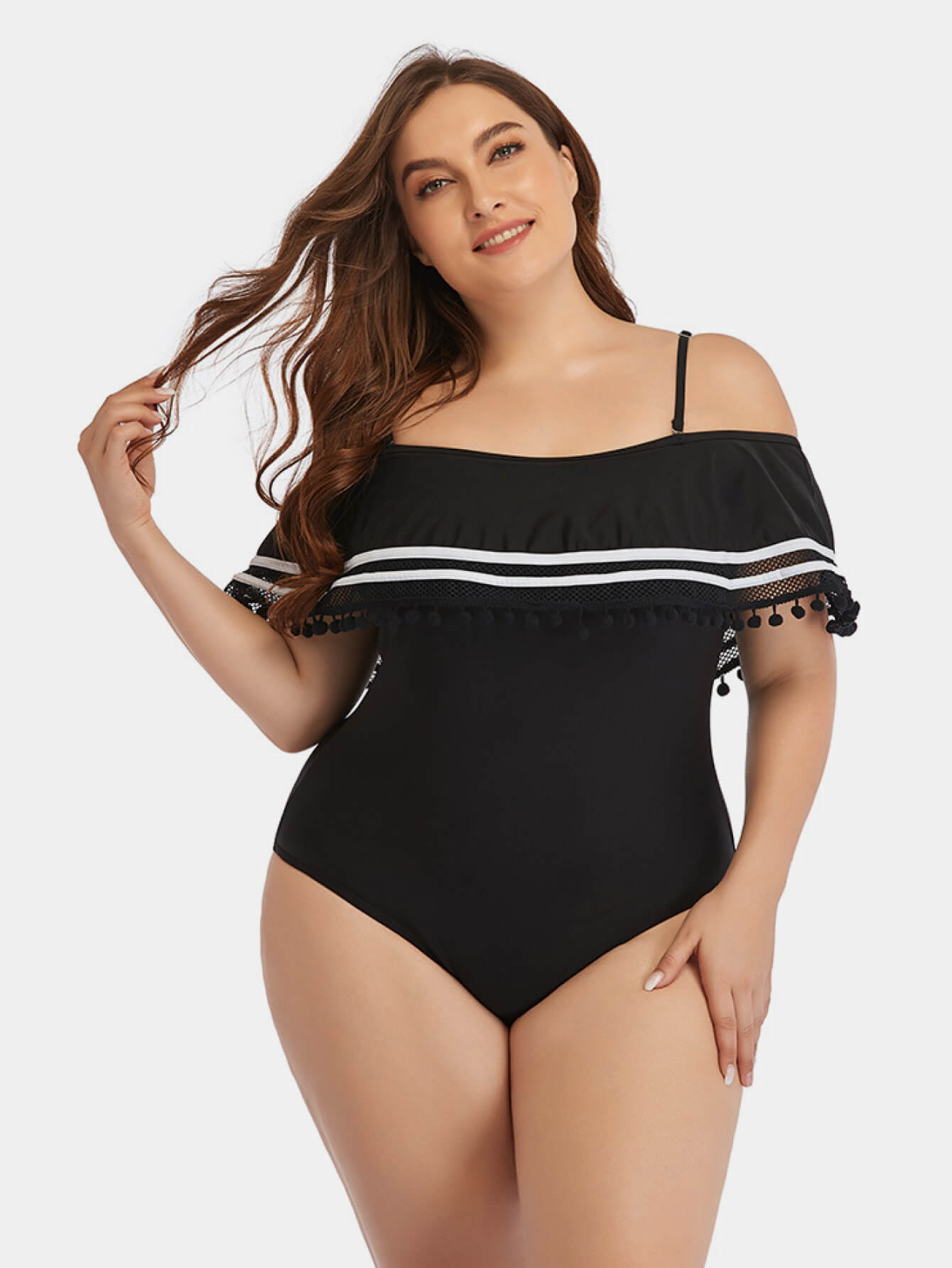 Plus Size Striped Cold-Shoulder One-Piece Swimsuit (TB10D) T