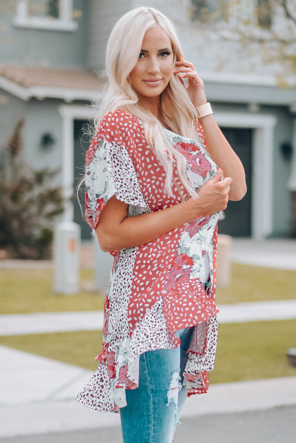 Mixed Print Ruffle Hem Kimono (TB11D) T