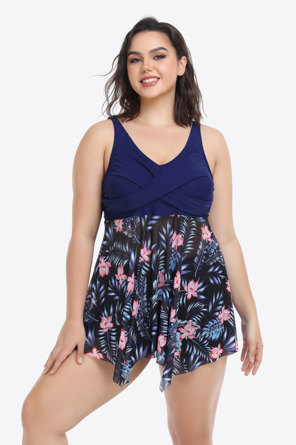 Plus Size Floral Two-Tone Asymmetrical Hem Two-Piece Swimsuit (TB13D) T
