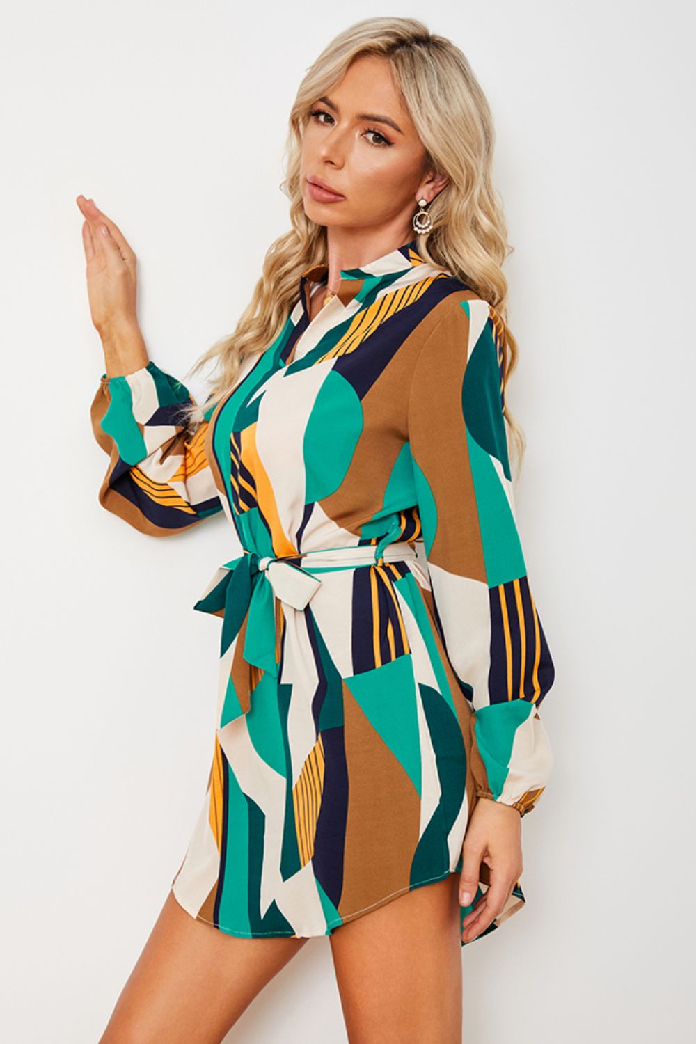 Geometric Print Belted Curved Hem Dress (BWD)(WS06)T