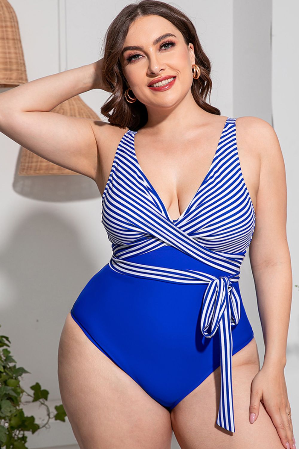 Plus Size Striped Tie-Waist One-Piece Swimsuit (TB10D) T