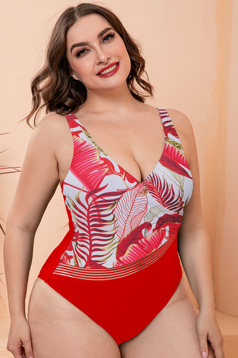 Full Size Two-Tone Plunge One-Piece Swimsuit (TB10D) T