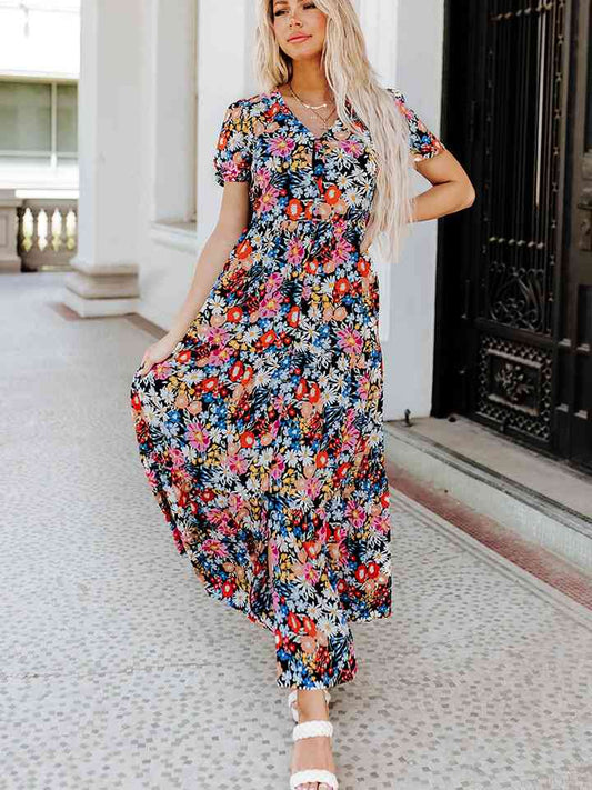 Printed V-Neck Short Sleeve Maxi Dress (BWMT) T - Deals DejaVu