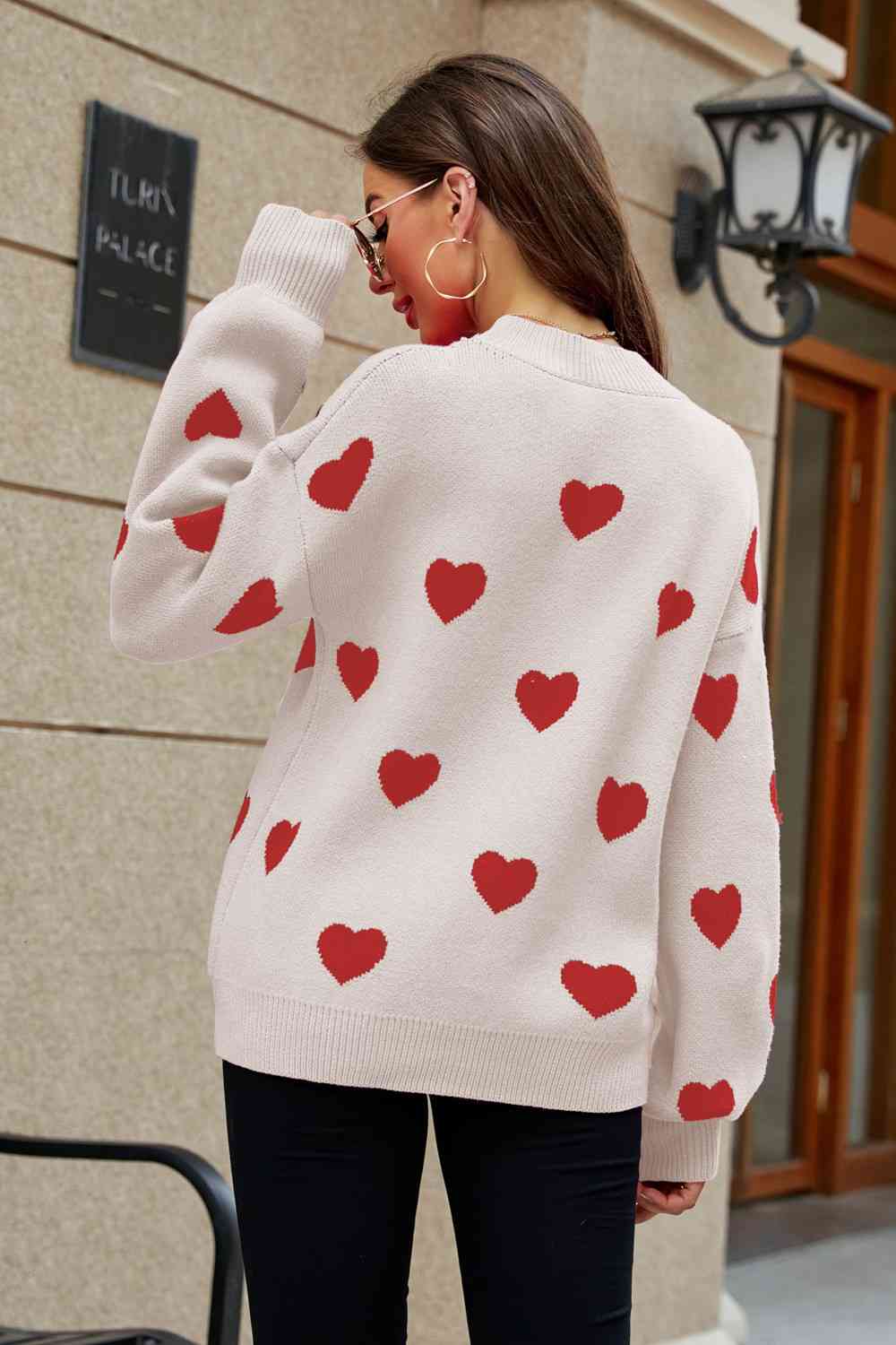 Woven Right Heart Pattern Lantern Sleeve Round Neck Tunic Sweater - Deals DejaVu