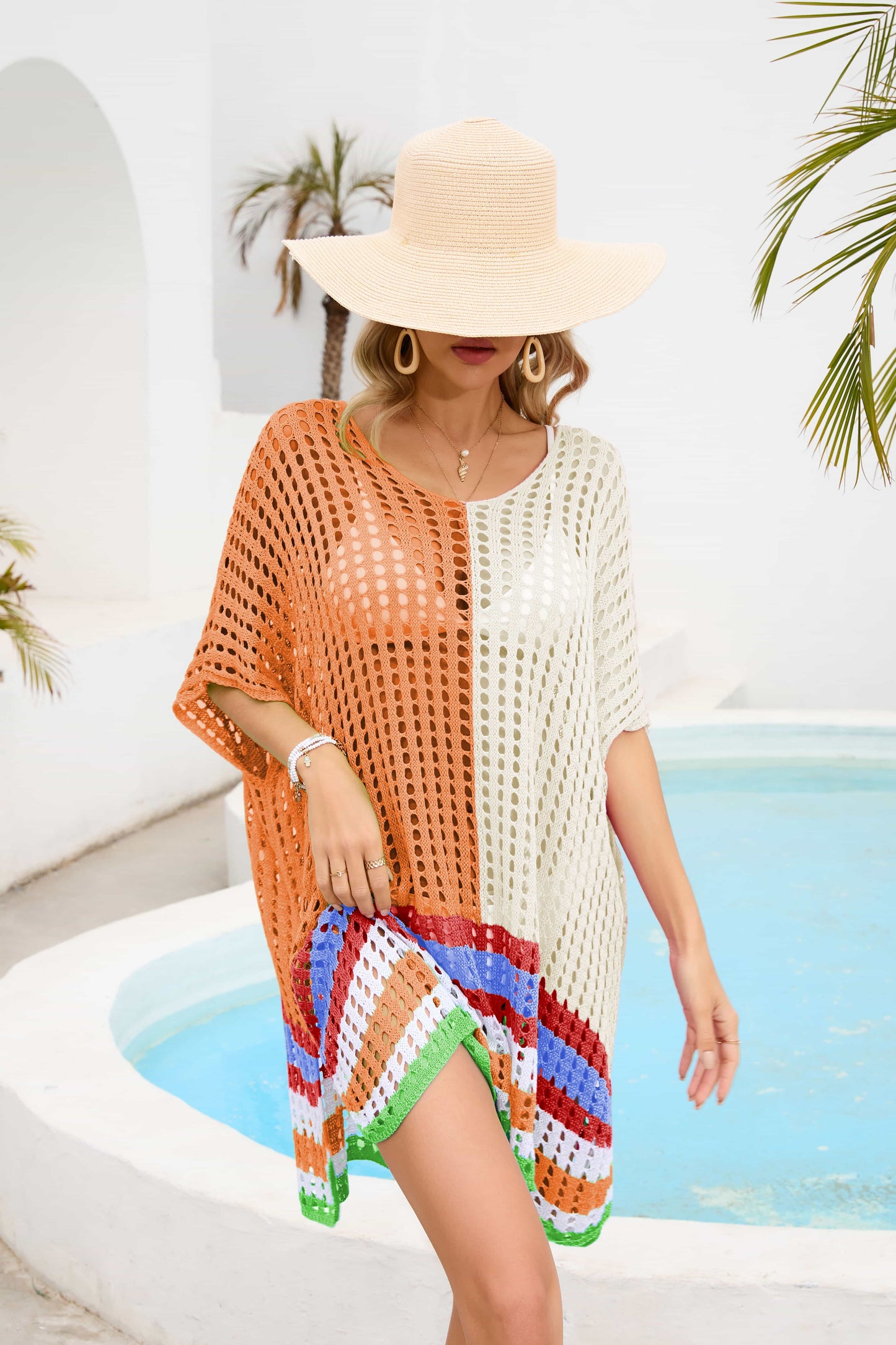 Contrast Scoop Neck Openwork Half Sleeve Cover Up (TB11D) T
