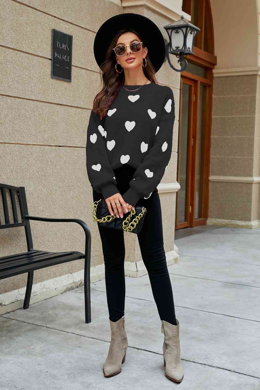 Woven Right Heart Pattern Lantern Sleeve Round Neck Tunic Sweater - Deals DejaVu