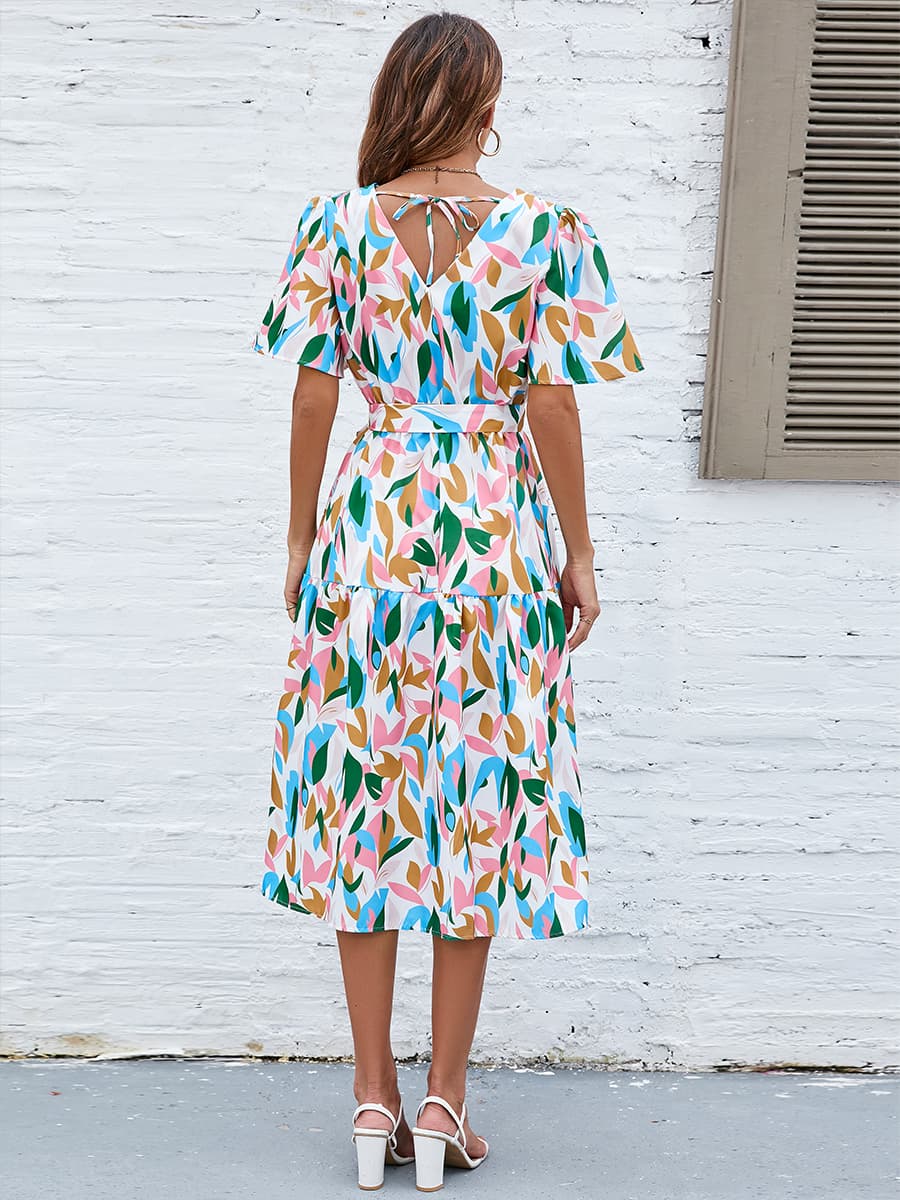 Printed Tie-Waist V-Neck Flutter Sleeve Dress (WS06) T