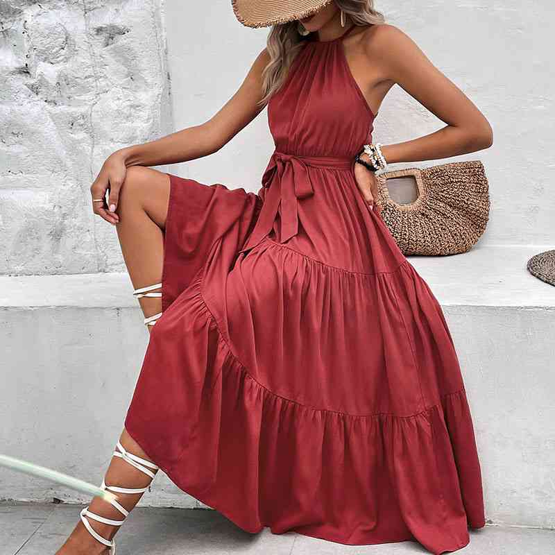 Tie Belt Tiered Midi Dress (MWBT) T - Deals DejaVu