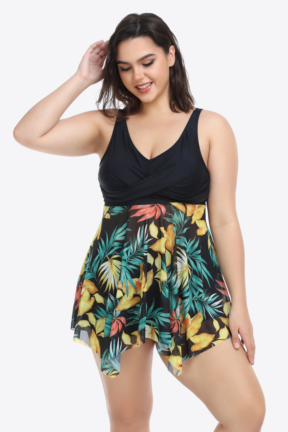 Plus Size Floral Two-Tone Asymmetrical Hem Two-Piece Swimsuit (TB13D) T