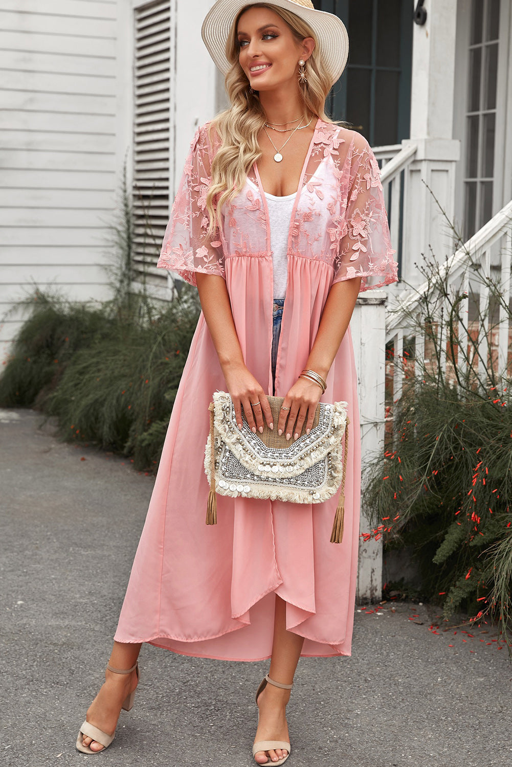 Floral Mesh Lace Crochet Open Front Kimono (TB11D) T