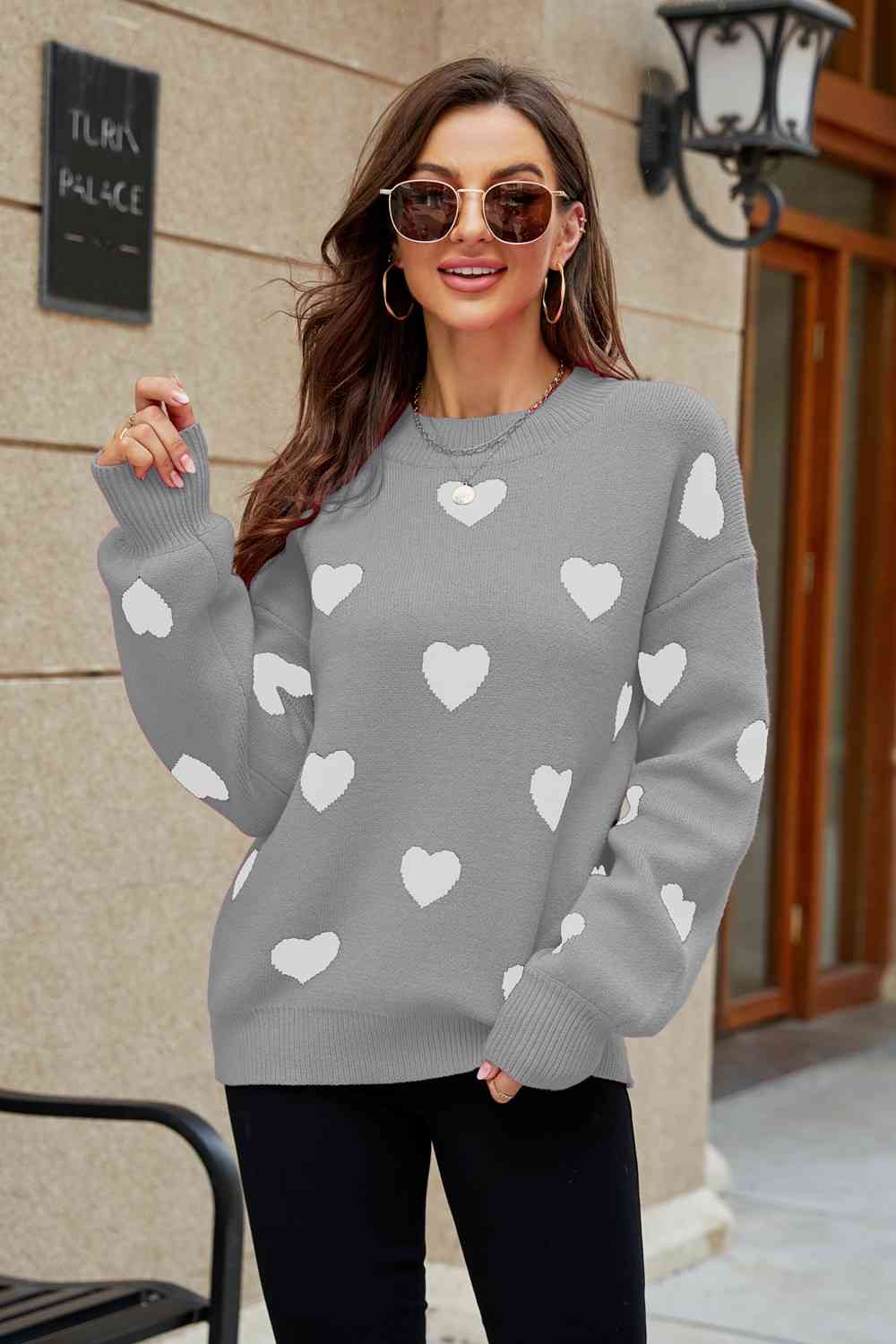 Woven Right Heart Pattern Lantern Sleeve Round Neck Tunic Sweater - Deals DejaVu