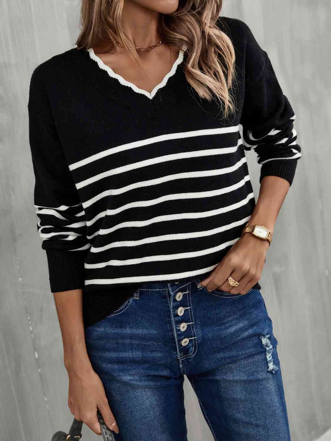 Striped V-Neck Drop Shoulder Sweater - Deals DejaVu