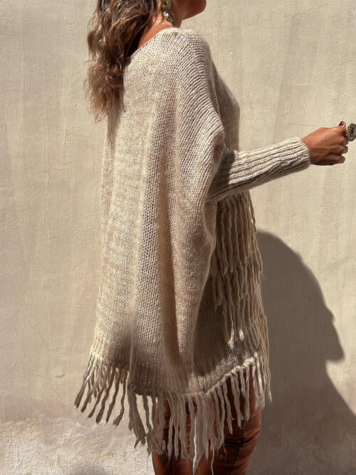 Fringe Detail Long Sleeve Sweater with Pockets - Deals DejaVu