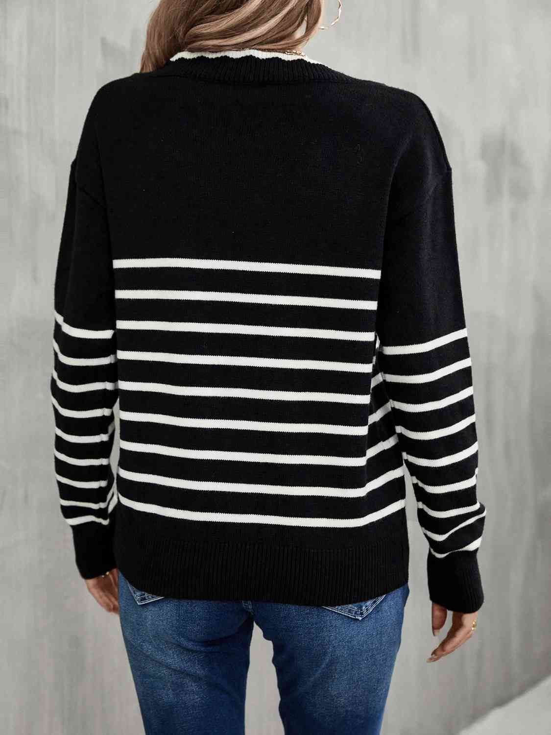 Striped V-Neck Drop Shoulder Sweater - Deals DejaVu