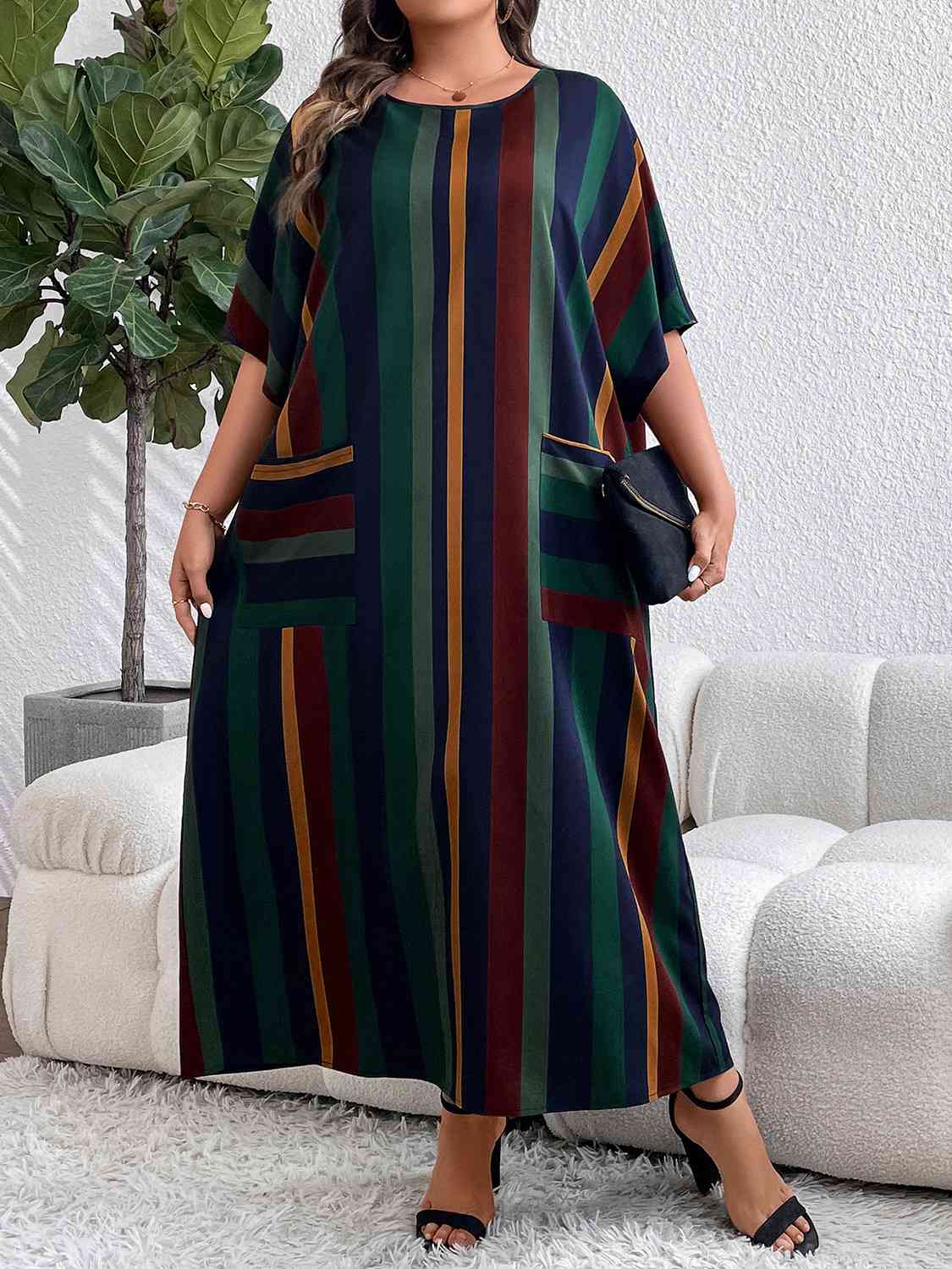 Plus Size Striped Maxi Dress with Pockets (BWMT) T - Deals DejaVu