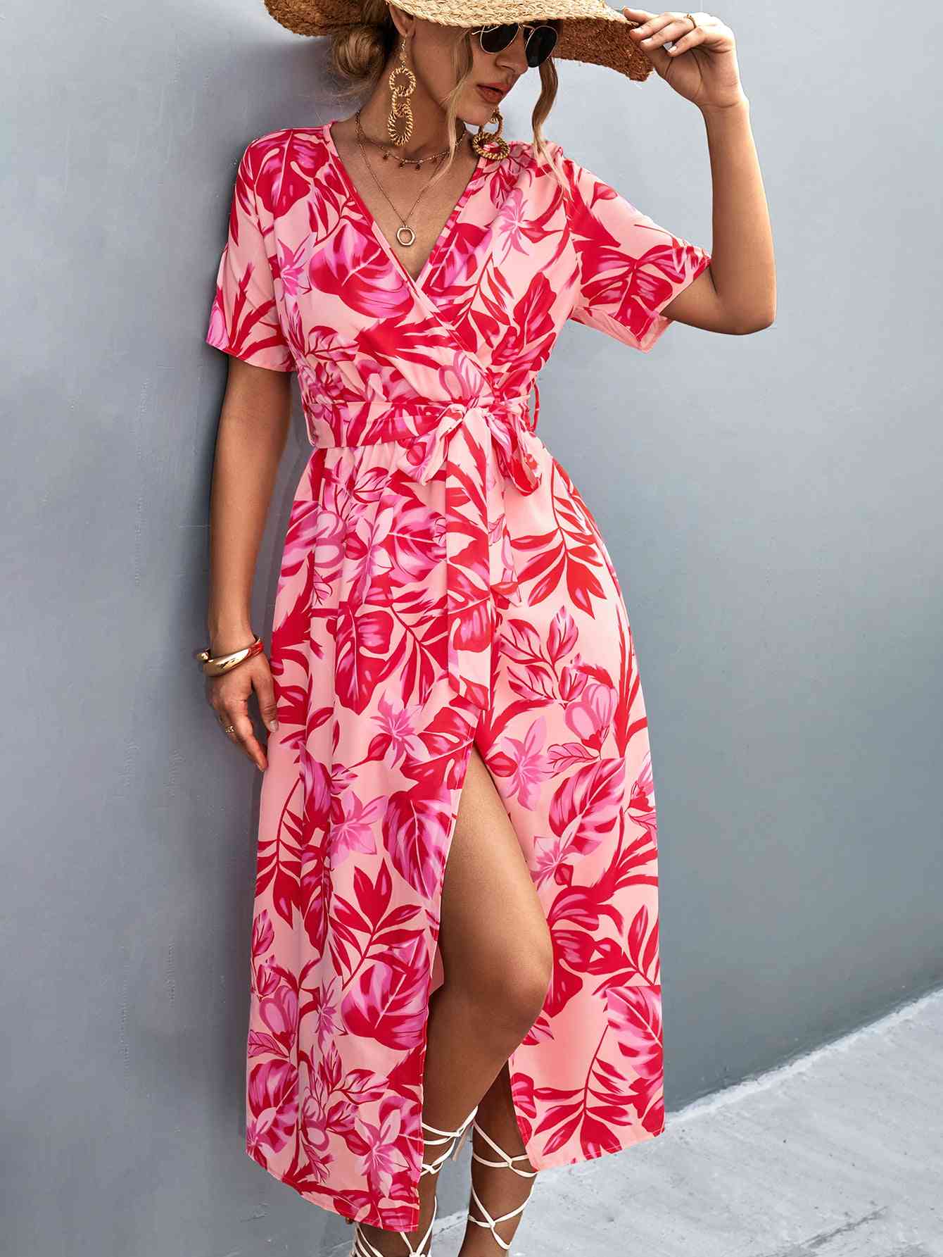 Floral Print High Slit Surplice Neck Tie Waist Midi Dress (MWBT) T - Deals DejaVu