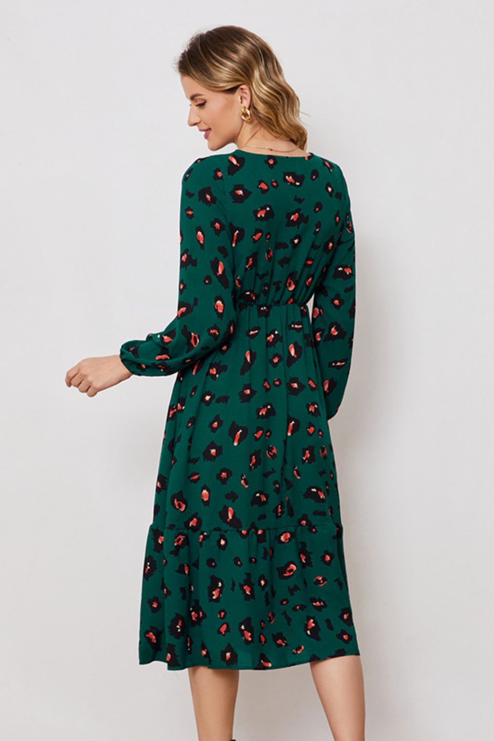 Printed Surplice Neck Long Sleeve Dress (BWD)(WS06)T - Deals DejaVu