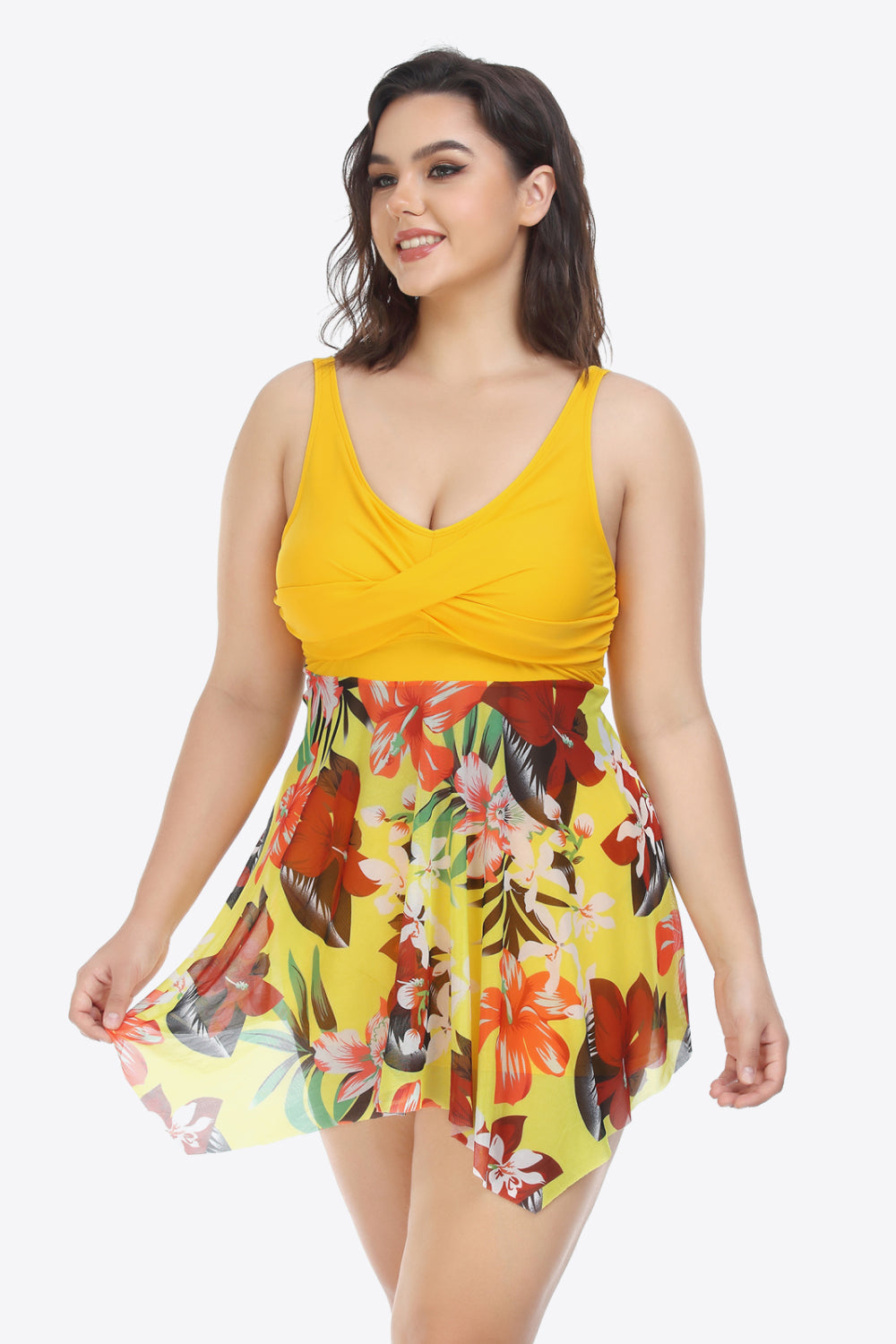 Plus Size Floral Two-Tone Asymmetrical Hem Two-Piece Swimsuit (TB13D) T