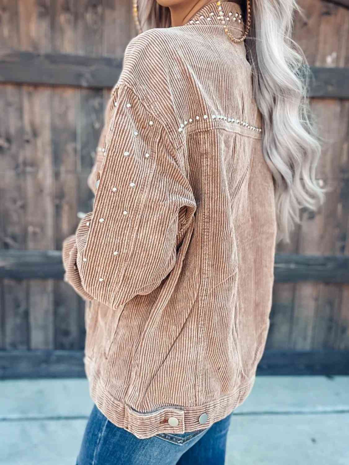 Studded Collared Neck Button Down Jacket (BFD) T - Deals DejaVu