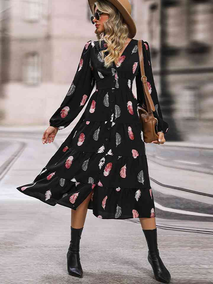 Printed V-Neck Slit Dress (MWBT) T - Deals DejaVu