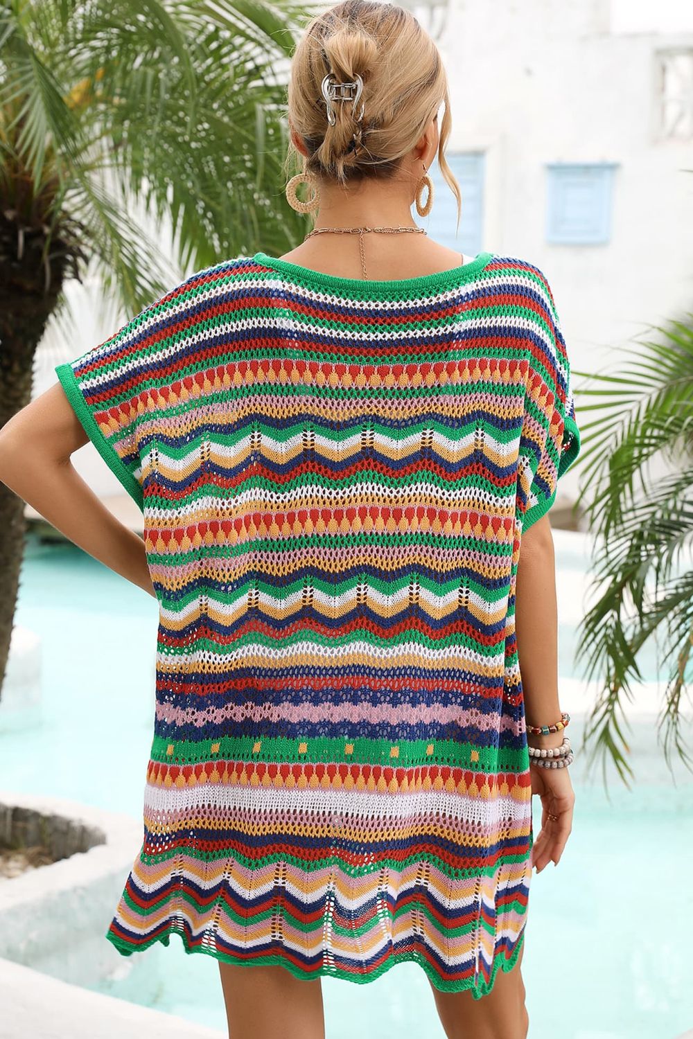 Rainbow Stripe Scalloped V-Neck Cover-Up Dress (TB11D) T