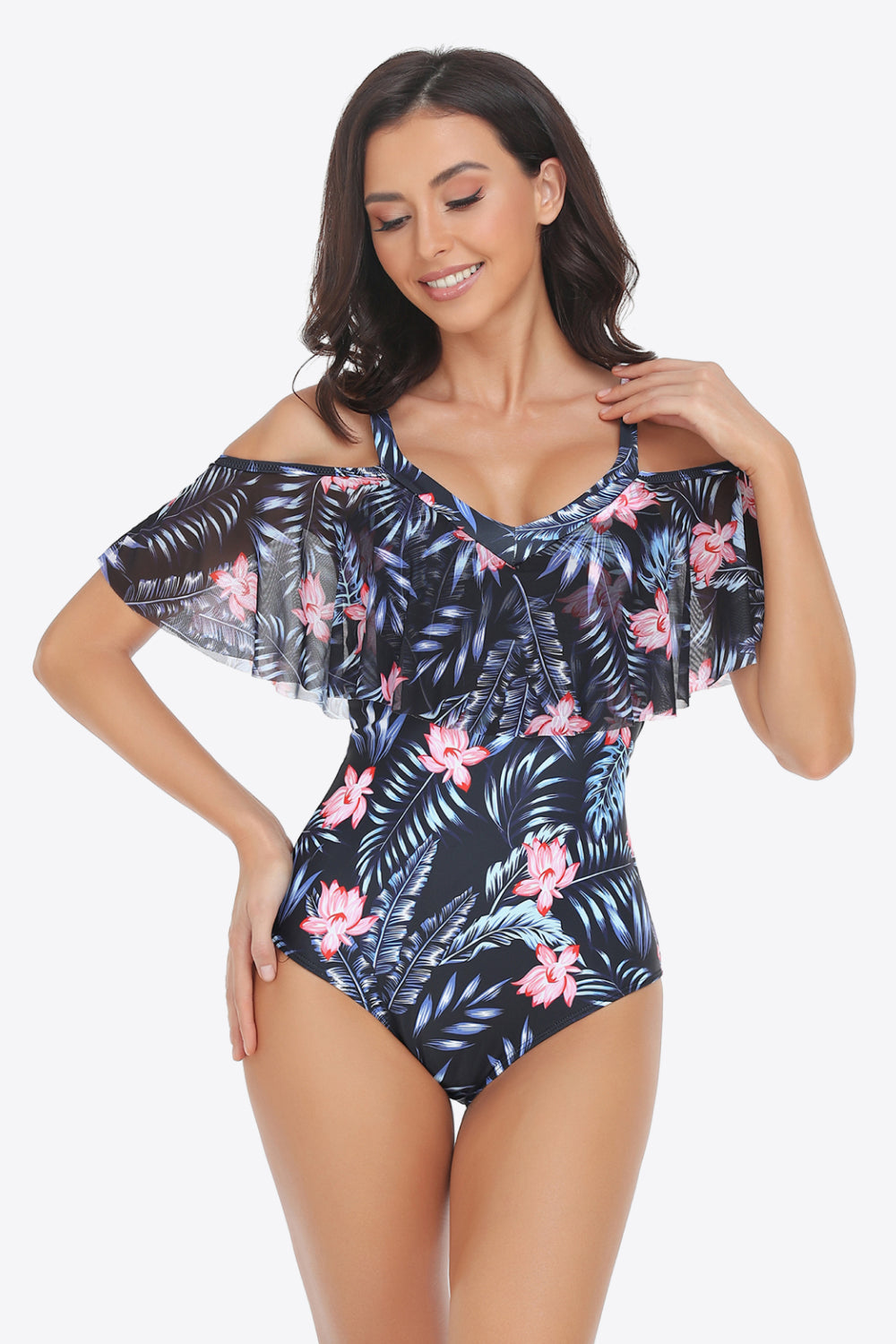 Botanical Print Cold-Shoulder Layered One-Piece Swimsuit (TB10D) T