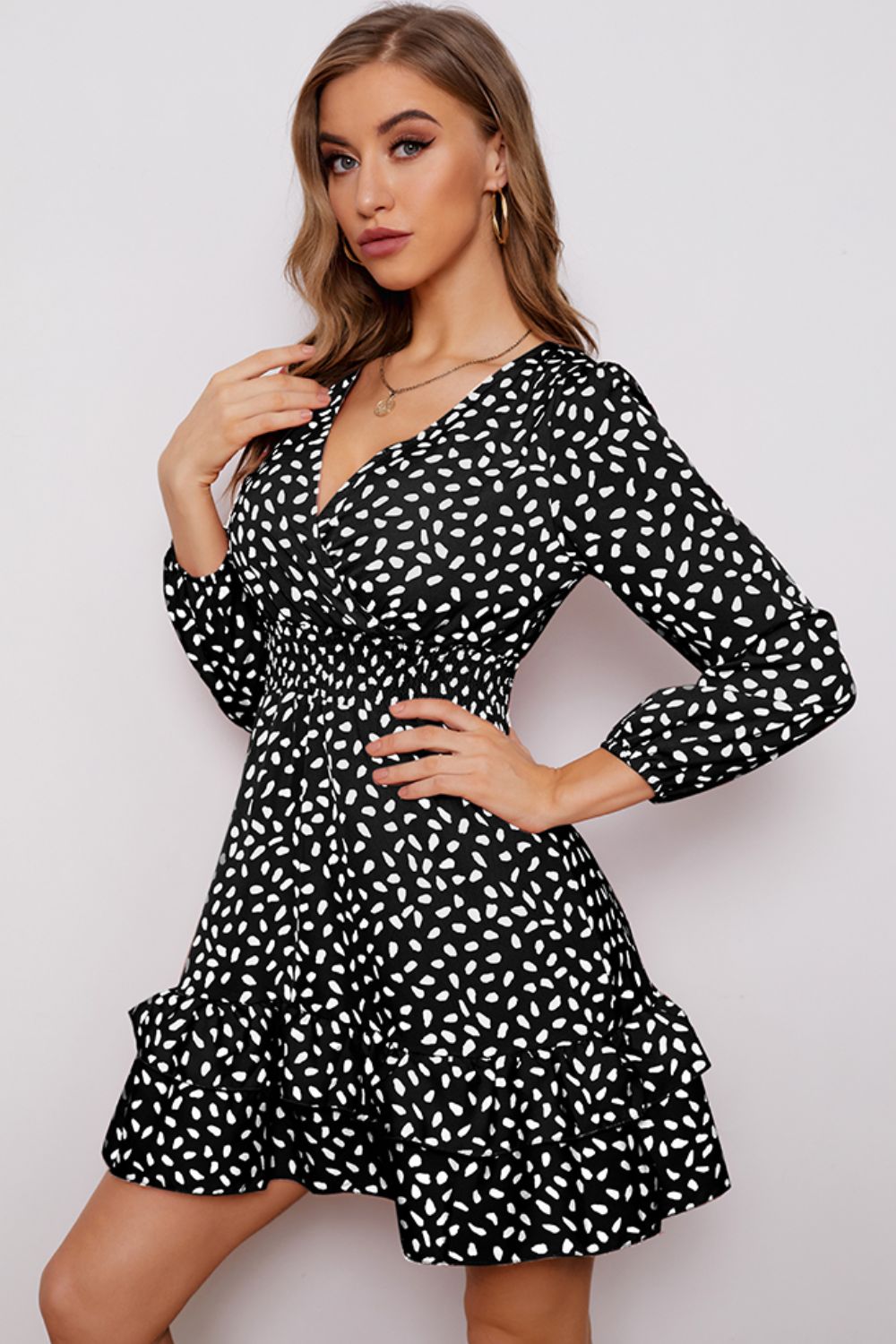 Printed Surplice Neck Puff Sleeve Ruffle Hem Dress (BWD)(WS06)T