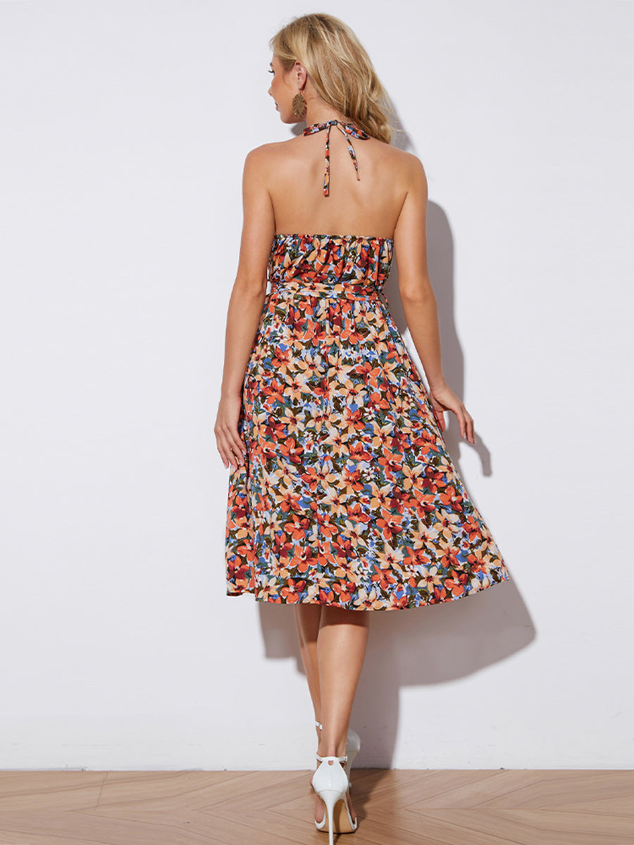 Floral Halter Neck Tie-Waist Backless Dress (BWD)(WS06)T - Deals DejaVu