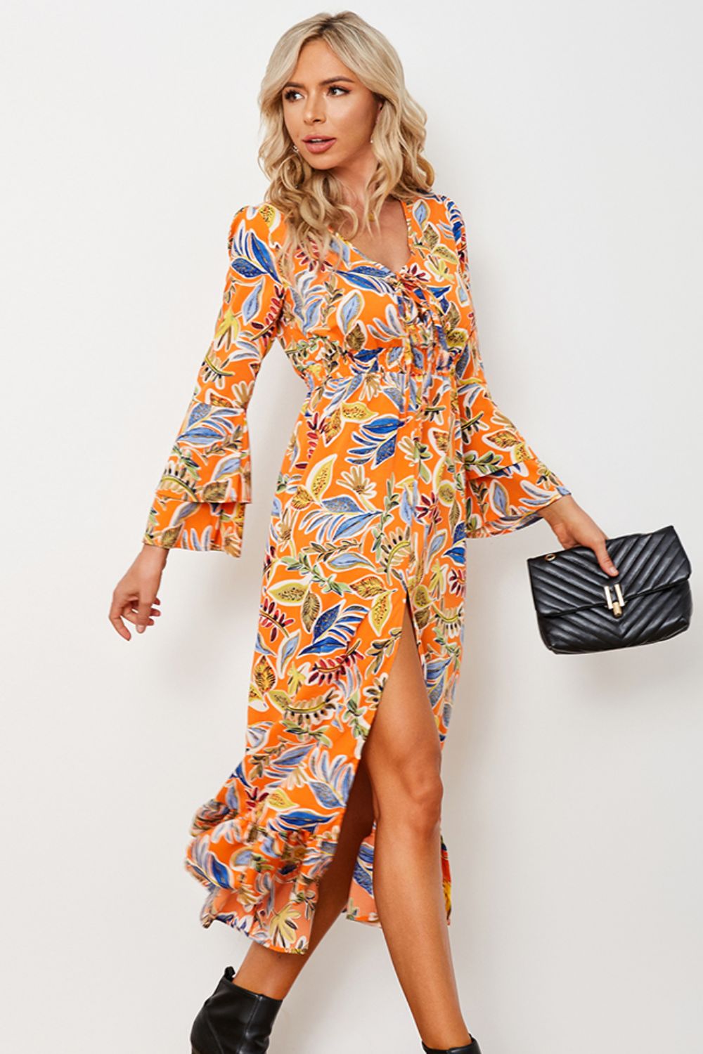 Printed Layered Flare Sleeve Split Tied Dress (BWD)(WS06)T - Deals DejaVu