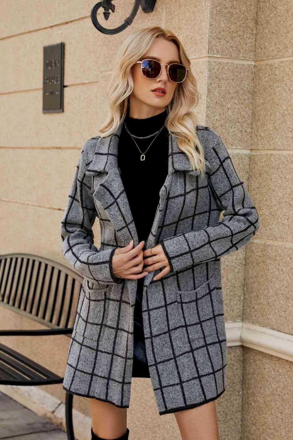 Double Take Printed Open Front Lapel Collar Cardigan with Pockets - Deals DejaVu