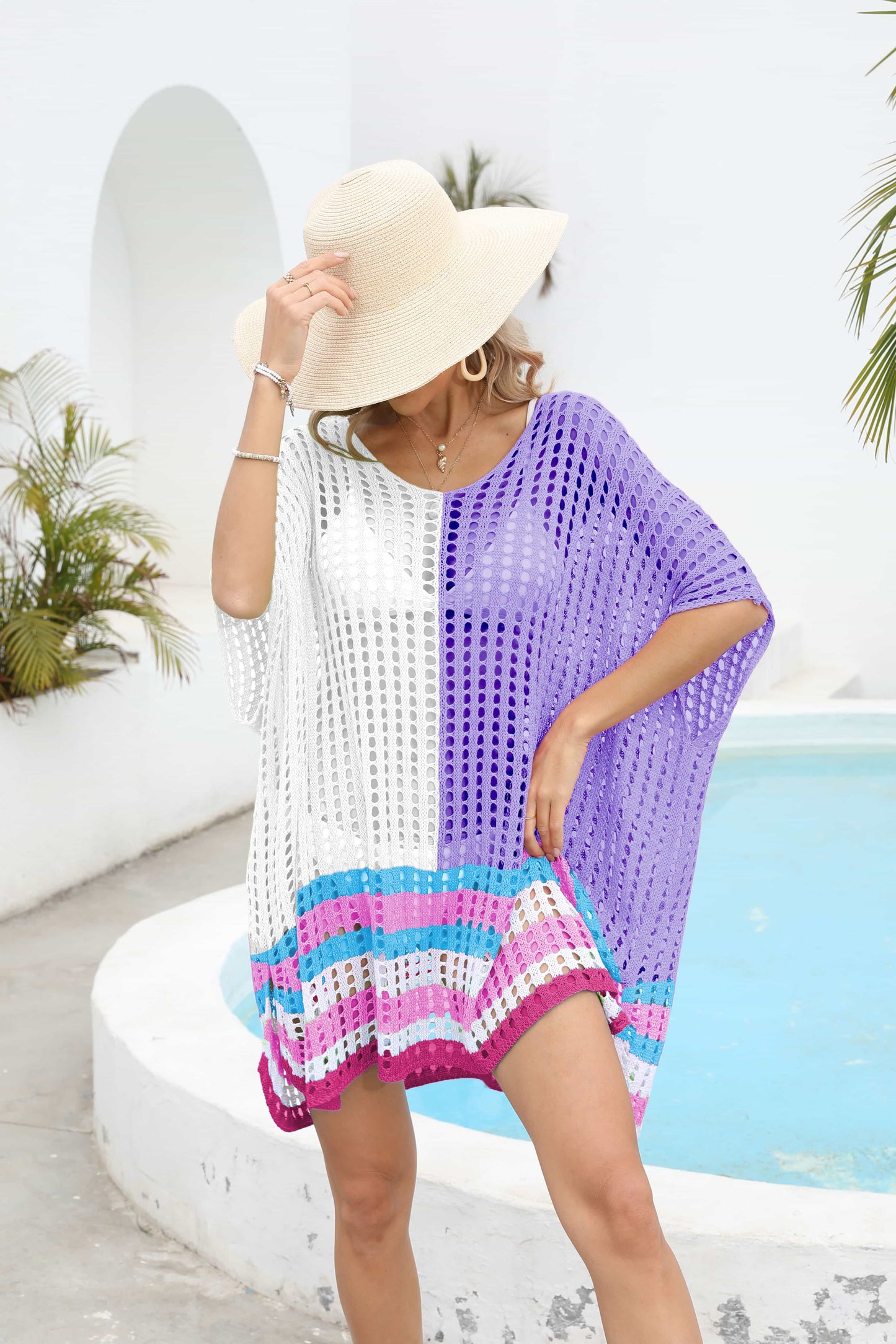 Contrast Scoop Neck Openwork Half Sleeve Cover Up (TB11D) T