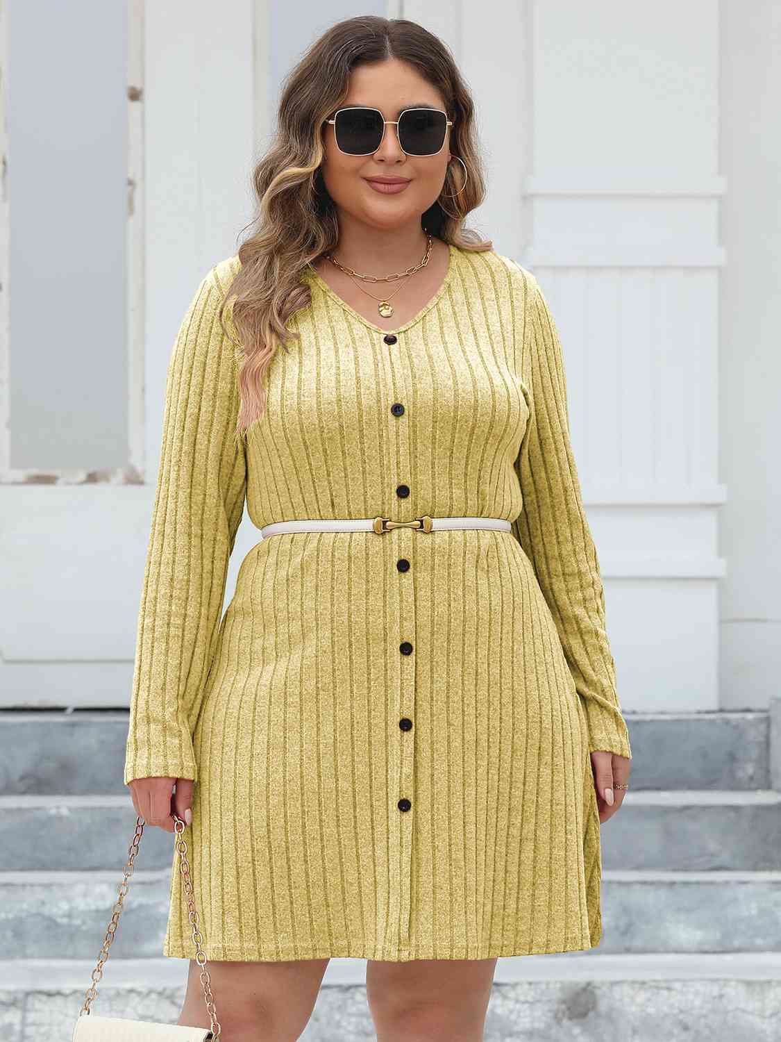 Plus Size Ribbed Buttoned V-Neck Long Sleeve Dress (MWBT) T - Deals DejaVu