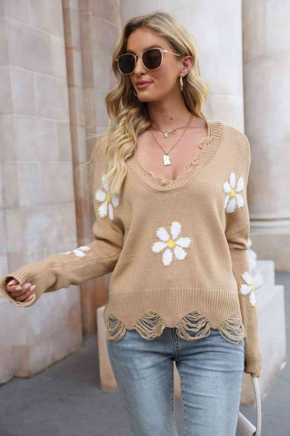 Flower Distressed Ribbed Trim Sweater - Deals DejaVu