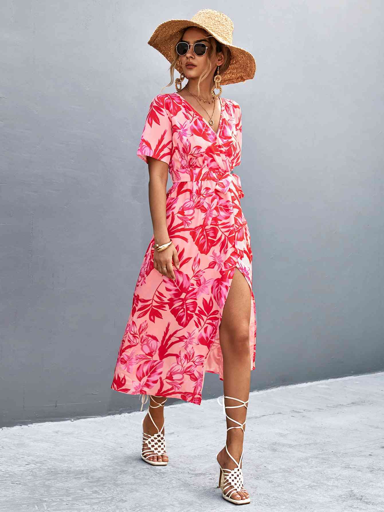 Floral Print High Slit Surplice Neck Tie Waist Midi Dress (MWBT) T - Deals DejaVu